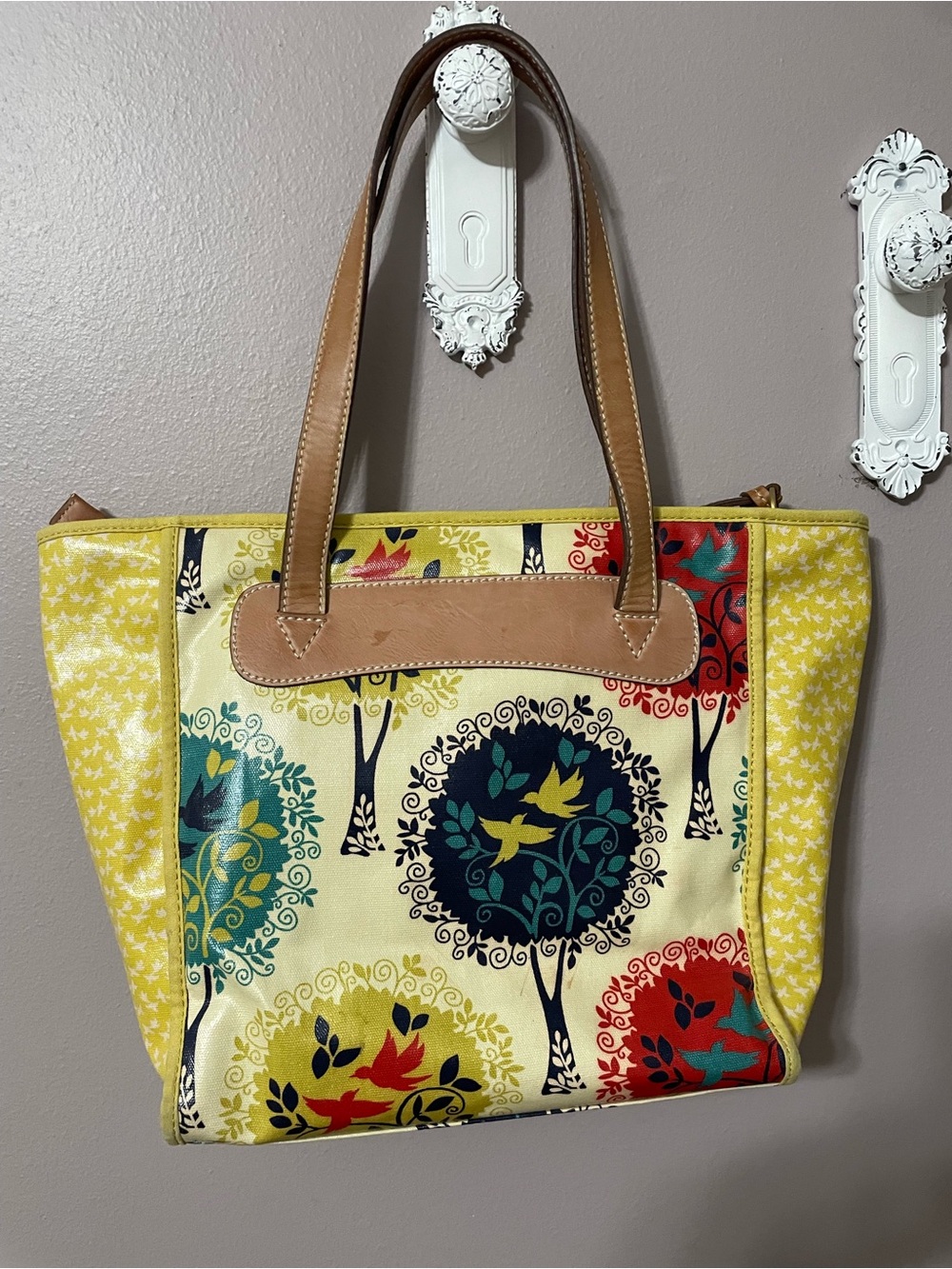 Fossil Yellow Multicolor Tree & Bird Canvas Tote with Tan Leather Trim - Picture 2 of 4